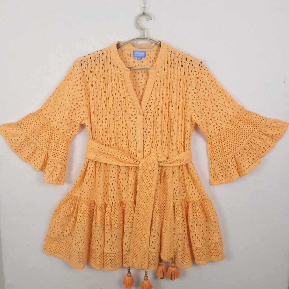 Happy Island Eyelet Dress Orange XL Boho Tassel Tiered Beach Resort Vocation